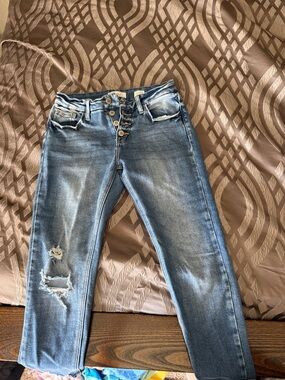 Women’s Blue Distressed Button-Fly Ankle Skinny Capri Jeans